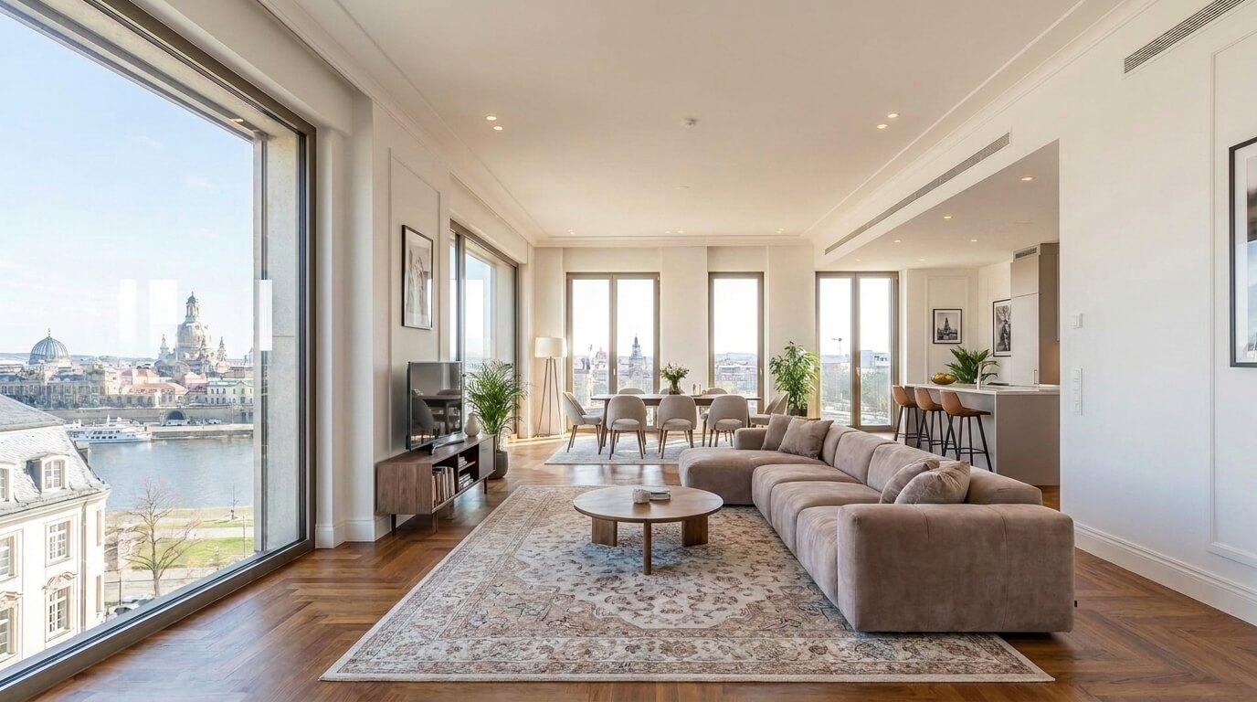 Nachher: Virtuell möbliertes KI Staging Penthouse Wohnzimmer mit Designermöbeln