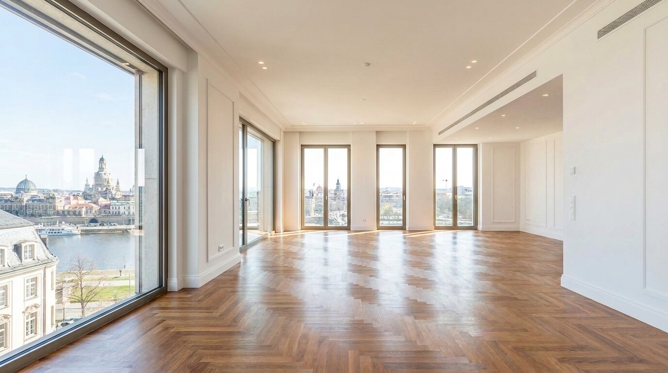 Vorher: Leeres Luxus-Penthouse Zimmer ohne Möbel mit Flussblick